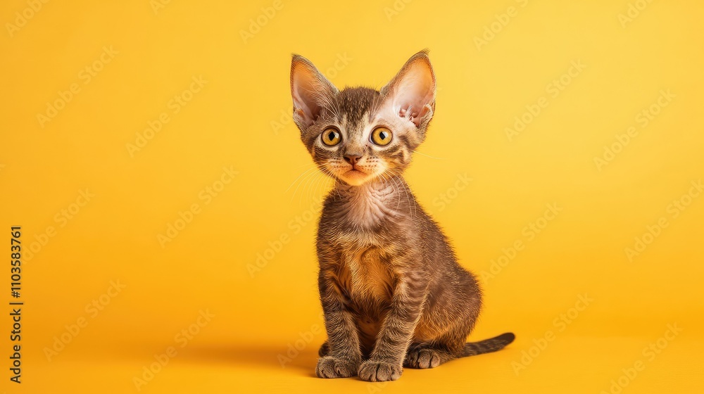 Adorable Brown Tabby Devon Rex Kitten on Yellow Background Adorable Brown Tabby Devon Rex Kitten on Yellow Background