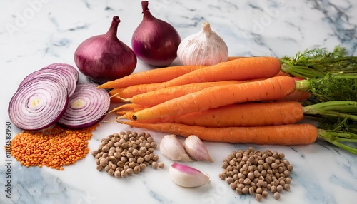 A vibrant arrangement of fresh carrots, red onions, garlic, lentils, and peppercorns on a marble surface photo