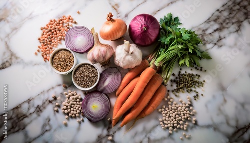 A vibrant arrangement of fresh carrots, red onions, garlic, lentils, and peppercorns on a marble surface photo