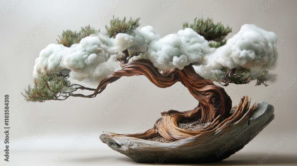 Fototapeta premium A surreal bonsai tree with cloud-like foliage, blending nature and imagination.