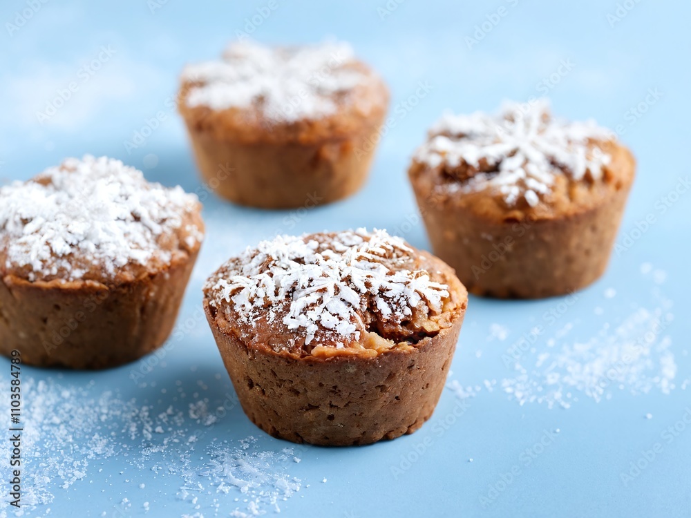 Delicious baked goods topped with powdered sugar on a light blue surface during a winter-themed celebration Delicious baked goods topped with powdered sugar on a light blue surface during a winter-themed celebration