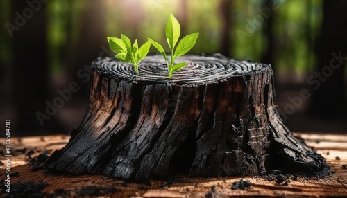 A burned tree stump with fresh green shoots growing from it, symbolizing resilience, rebirth, and hope photo