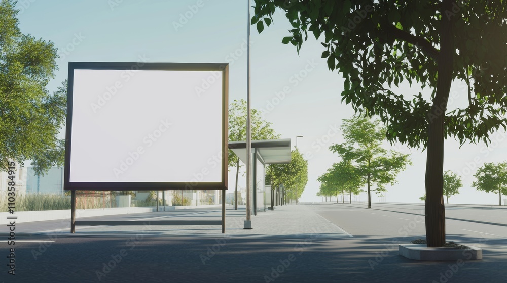 Fototapeta premium Blank Billboard Mockup City Street Bus Stop Advertising Summer
