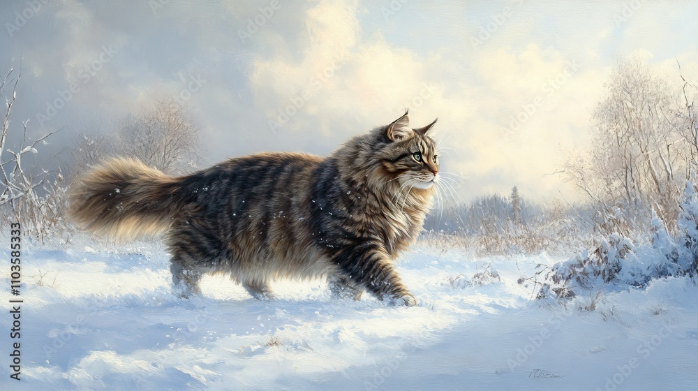 Majestic Siberian Cat Walking Through Winter Landscape Majestic Siberian Cat Walking Through Winter Landscape