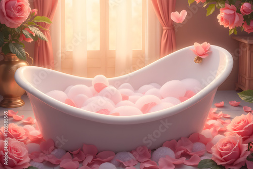 Digital illustration of a bubble bath surrounded by delicate rose petals, warm pastel colors