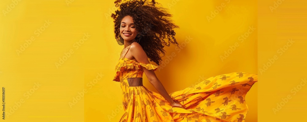 Fototapeta premium dslr photo of a young beautiful model full body shot wearing fashionable dress. Yellow backdrop. Studio shot