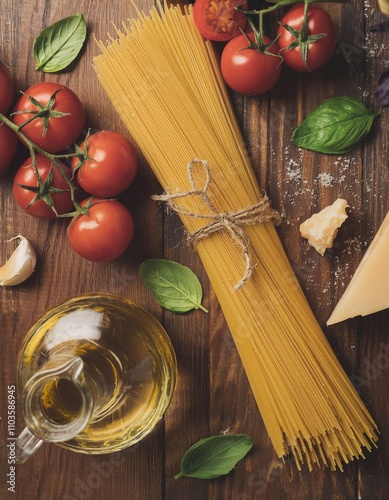 Tasty appetizing italian spaghetti pasta ingredients for kitchen cuisine with tomato, cheese parmesan, olive oil, fettuccine and basil on wooden brown table photo