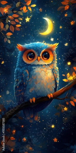 Logo design featuring a cute owl perched on a branch, surrounded by colorful stars and a crescent moon. The cute style and bright colors evoke a magical atmosphere, enhanced by a cartoon illustration  photo