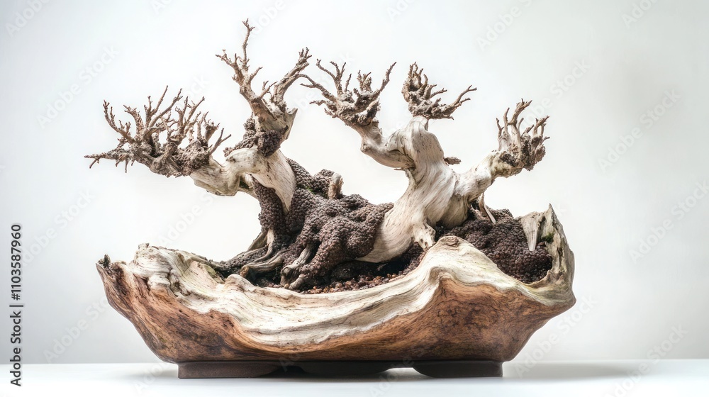 A sculptural arrangement of twisted trees in a natural wood base, showcasing artistic bonsai design. A sculptural arrangement of twisted trees in a natural wood base, showcasing artistic bonsai design.