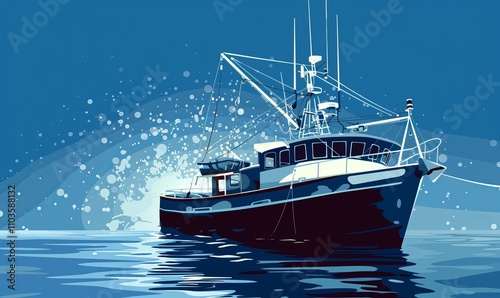 Navy fishing boat on a uniform blue water background. Vector illustration.