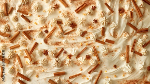 A creamy dessert topped with decorative elements and spices.