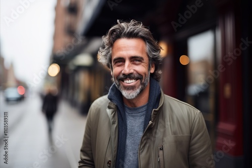 Portrait of a middle-aged man in a city street.