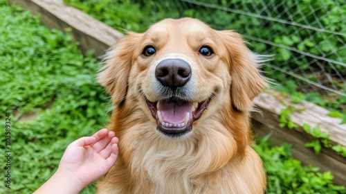 Happy Golden Retriever Smiling in a Green Outdoor Setting