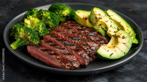 Grilled Steak Served with Broccoli and Avocado on Dark Plate