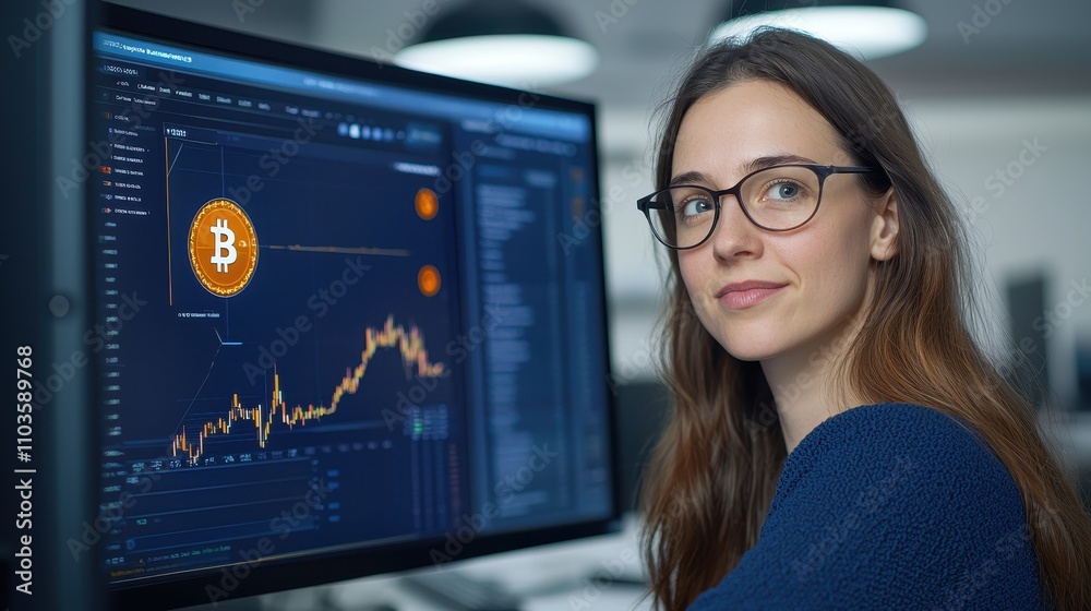 A woman with glasses analyzes cryptocurrency data on a computer screen, featuring a Bitcoin chart in a modern office environment. A woman with glasses analyzes cryptocurrency data on a computer screen, featuring a Bitcoin chart in a modern office environment.