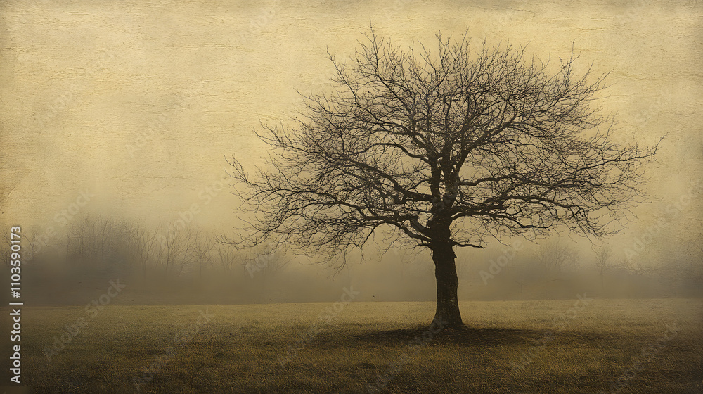 A solitary, leafless tree stands in a misty field, creating a serene and slightly melancholic atmosphere. The muted color palette enhances the sense of quiet solitude. A solitary, leafless tree stands in a misty field, creating a serene and slightly melancholic atmosphere. The muted color palette enhances the sense of quiet solitude.