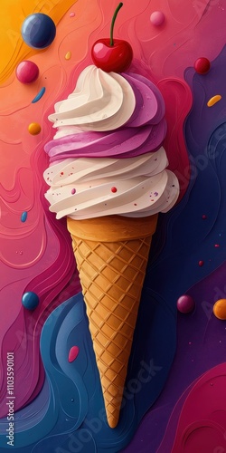 Logo design illustrating a cheerful ice cream cone with colorful scoops and a cherry on top, surrounded by playful swirls. The cute style and bright colors evoke happiness, enhanced by a cartoon 