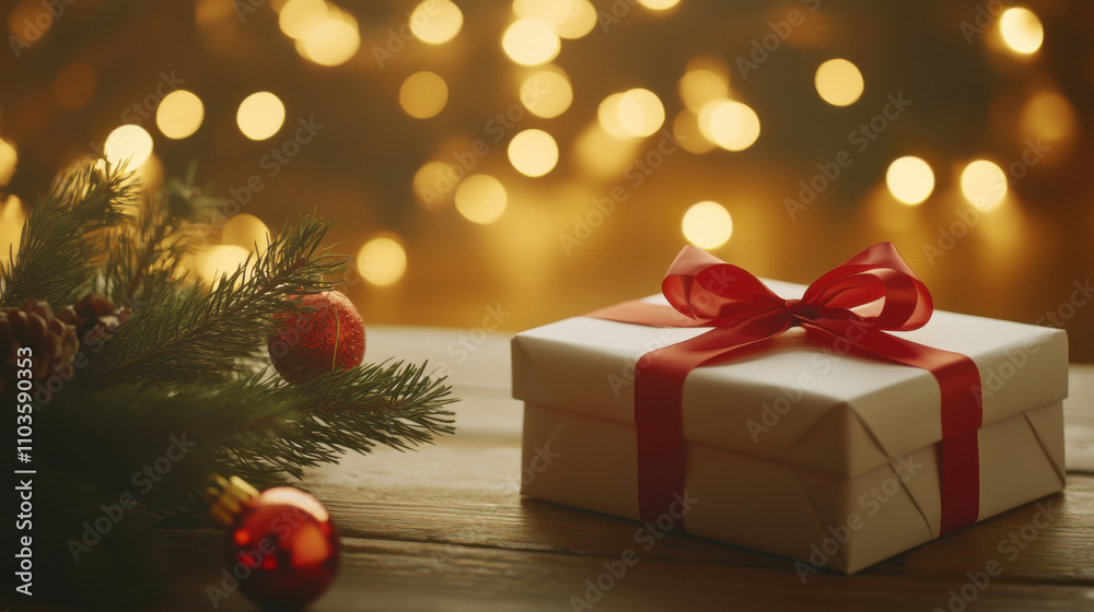 Christmas gifts with red ribbons and bows on a wooden table, against a golden background with bokeh lights Christmas gifts with red ribbons and bows on a wooden table, against a golden background with bokeh lights