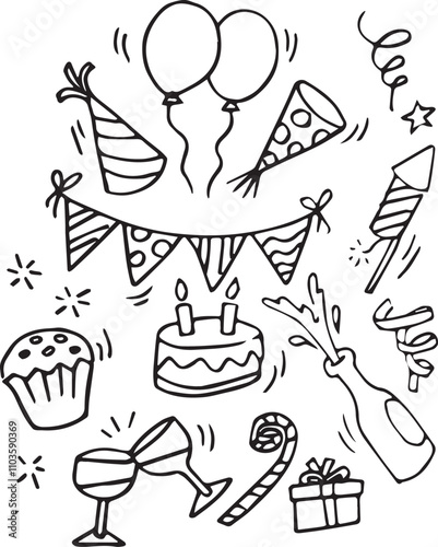 Birthday doodle icon element. Hand drawn sketch doodle birthday cake, balloon, event decoration element. Party, carnival celebration concept background. Vector illustration