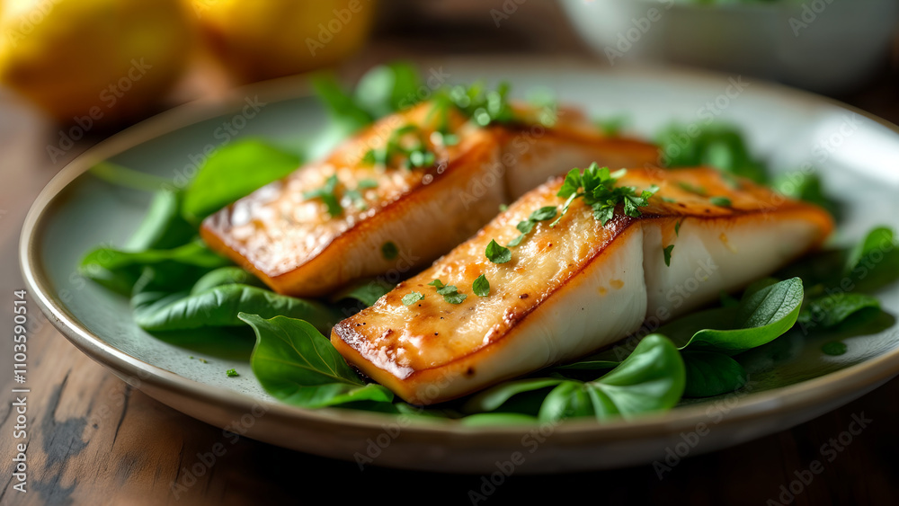 Muksun Fish Fillet with Spinach and Garnishes Muksun Fish Fillet with Spinach and Garnishes