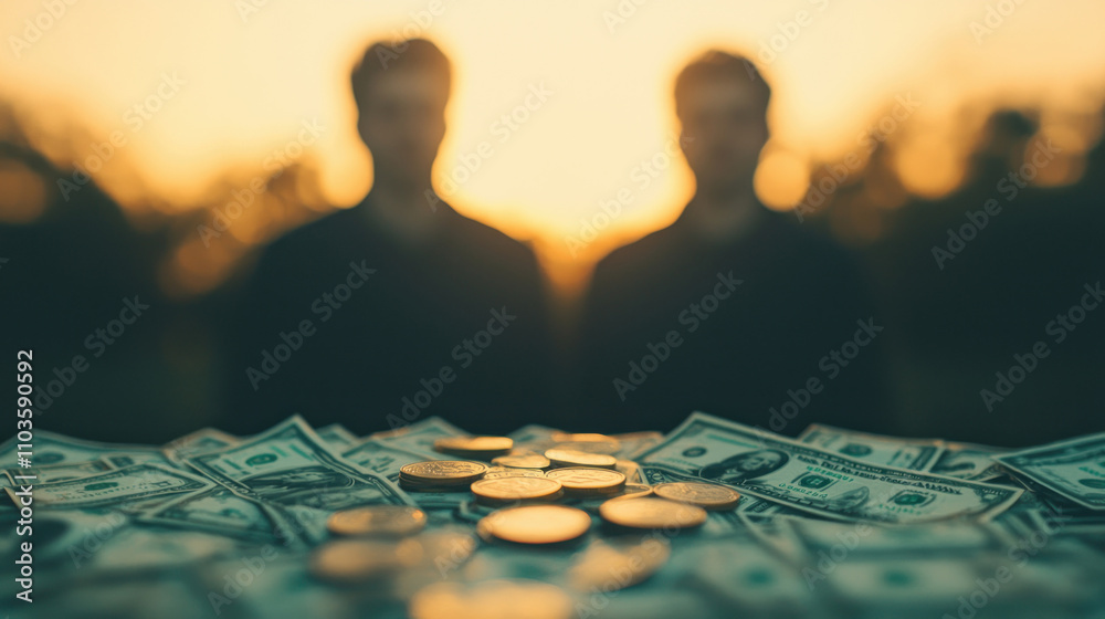 Silhouetted figures with money, symbolizing finance, wealth, or investment opportunities. Silhouetted figures with money, symbolizing finance, wealth, or investment opportunities.