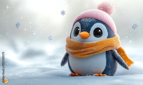 Logo design illustrating a cheerful penguin sliding on ice, surrounded by colorful snowflakes. The cute style and bright colors create a fun scene, enhanced by a cartoon illustration style and 