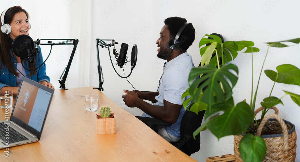 Female host speaker making a podcast interview during live streaming