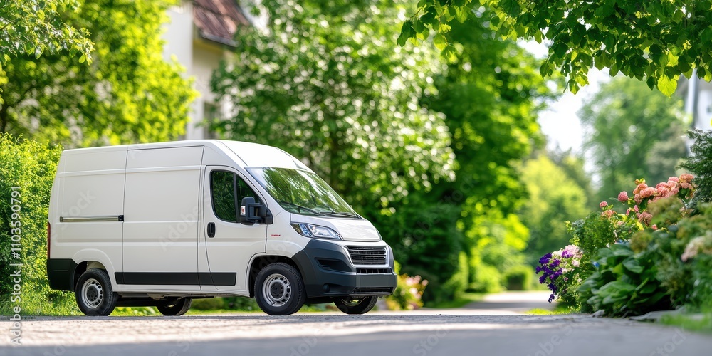 White Delivery Van Parked on a Quiet Tree-Lined Residential Street White Delivery Van Parked on a Quiet Tree-Lined Residential Street