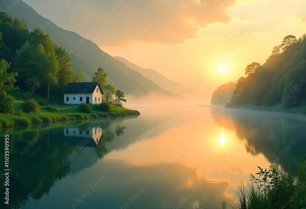 Fototapeta premium fog in river, sunrise over river, scenic countryside view, vibrant sunrise colors, photorealistic landscape, tranquil morning scene, serene rural landscape, misty river valley, golden hour photograph