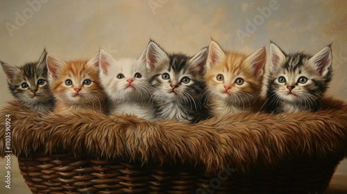 Five Little Multicolored Kittens in a Basket