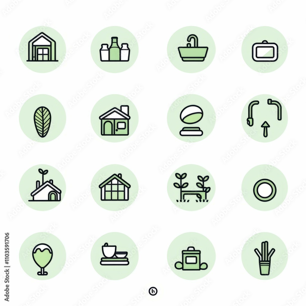 A minimalist collection of green-themed icons representing home and nature. A minimalist collection of green-themed icons representing home and nature.