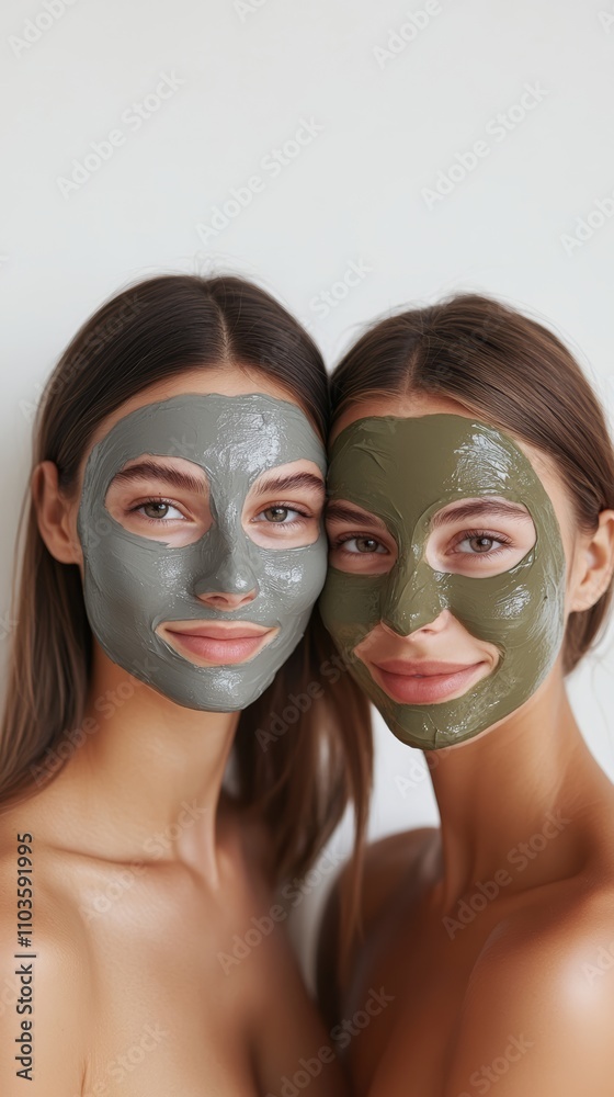 Two young women smiling and bonding over self care with green face masks, showcasing beauty and glowing skin. White background highlights makeup and strong friendship Two young women smiling and bonding over self care with green face masks, showcasing beauty and glowing skin. White background highlights makeup and strong friendship