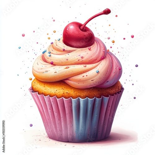 Logo design illustrating a whimsical cupcake with colorful frosting and a cherry on top, accented by playful sprinkles. The cute style and bright colors exude happiness, enhanced by a cartoon 