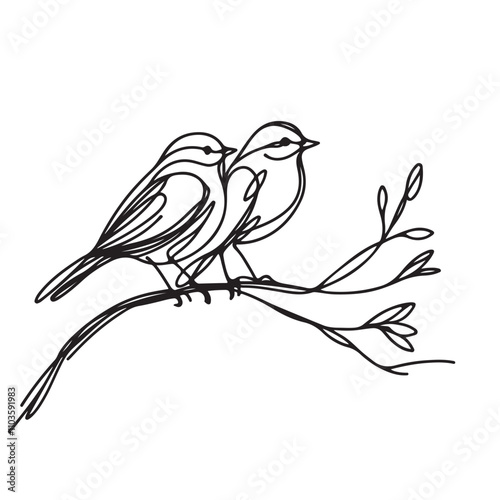 One continuous single hand drawing black line art doodle of a two birds perched closely on a branch, illustration on white background