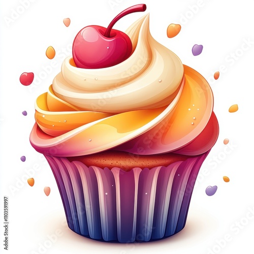 Logo design illustrating a whimsical cupcake with colorful frosting and a cherry on top, accented by playful sprinkles. The cute style and bright colors exude happiness, enhanced by a cartoon 