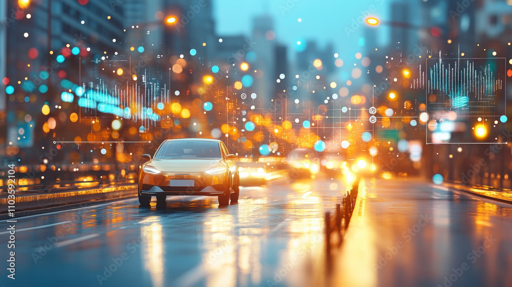 A futuristic car navigates a busy city street at night, surrounded by glowing lights and digital interface elements suggesting advanced technology. A futuristic car navigates a busy city street at night, surrounded by glowing lights and digital interface elements suggesting advanced technology.
