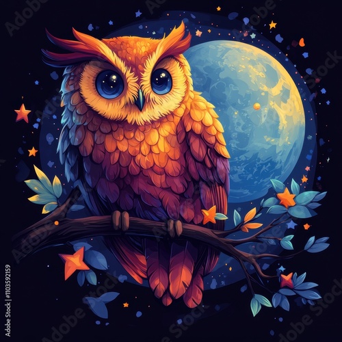Logo design showcasing a cute owl perched on a branch, surrounded by colorful stars and a moon. The bright colors and cartoon illustration style create a whimsical look, enhanced by a 3D rendering 