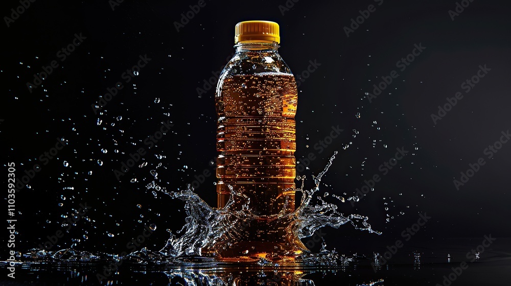 A bottle of iced tea with a splash of clear water isolated on a black background A bottle of iced tea with a splash of clear water isolated on a black background