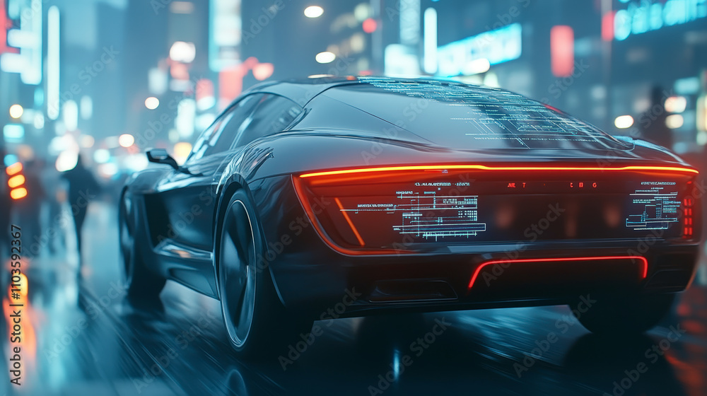 A sleek futuristic car cruises through a neon-lit city street, reflecting vibrant colors and digital displays in a bustling urban environment at night. A sleek futuristic car cruises through a neon-lit city street, reflecting vibrant colors and digital displays in a bustling urban environment at night.