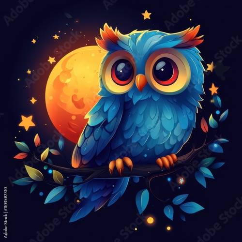 Logo design showcasing a cute owl perched on a branch, surrounded by colorful stars and a moon. The bright colors and cartoon illustration style create a whimsical look, enhanced by a 3D rendering 