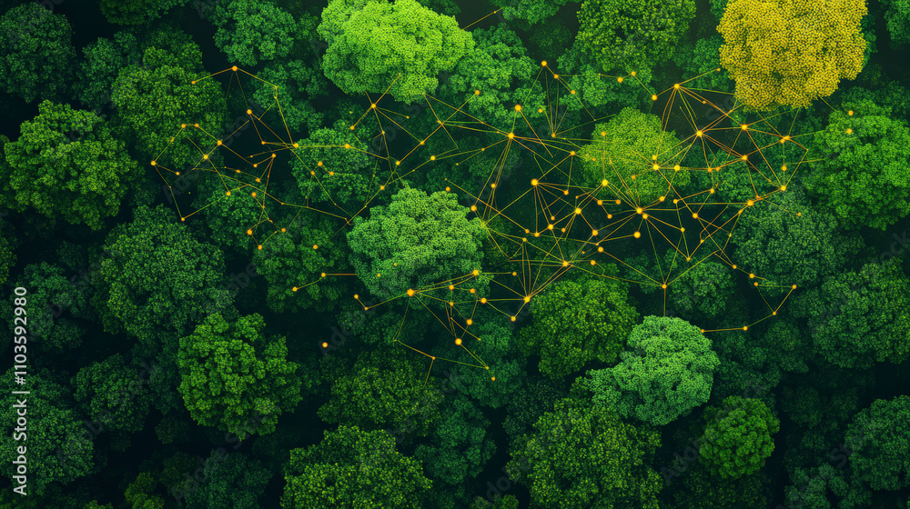 Naklejka premium Aerial view of a lush forest with interconnected glowing points and lines, symbolizing a network or communication system amidst natural greenery.