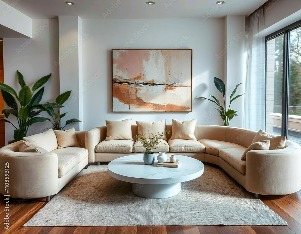A modern living room with a beige curved sofa, a round coffee table, and a large abstract painting on the wall, japandi interior design A modern living room with a beige curved sofa, a round coffee table, and a large abstract painting on the wall, japandi interior design