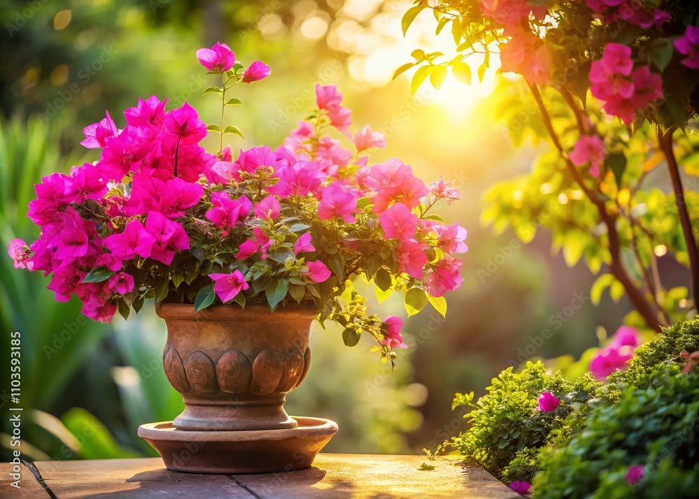 Exquisite Tilt-Shift Photography of Vibrant Pink Bougainvillea Flourishing in a Pot Surrounded by Lush Greenery in a Serene Garden Setting Exquisite Tilt-Shift Photography of Vibrant Pink Bougainvillea Flourishing in a Pot Surrounded by Lush Greenery in a Serene Garden Setting