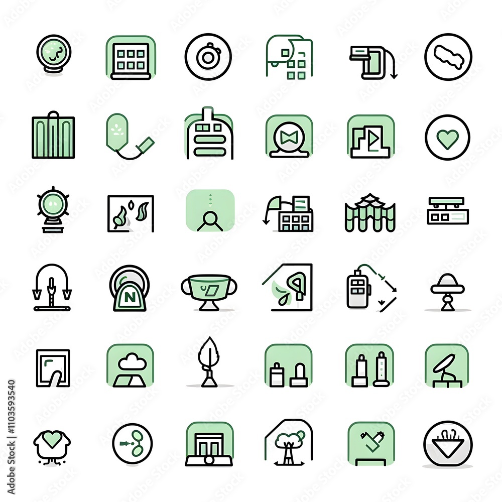 A grid of minimalist icons representing various concepts and objects. A grid of minimalist icons representing various concepts and objects.