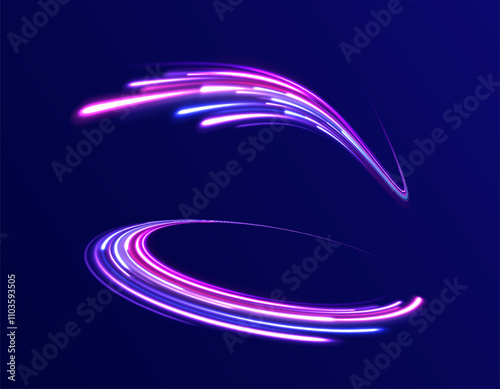 Creative vector illustration of flying cosmic meteor, planetoid, comet, fireball isolated on transparent background. Effect, png, wave,neon,line. Light arc in neon colors, in the form of a turn.