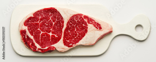 Fresh raw meat on cutting board, showcasing marbling and texture