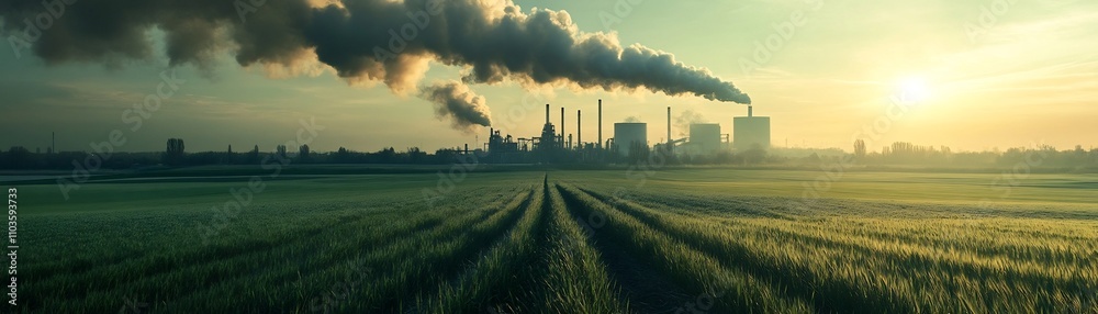 Contrasting Landscapes Lush Fields Juxtaposed with Towering Industrial Plant and Billowing Smoke Contrasting Landscapes Lush Fields Juxtaposed with Towering Industrial Plant and Billowing Smoke