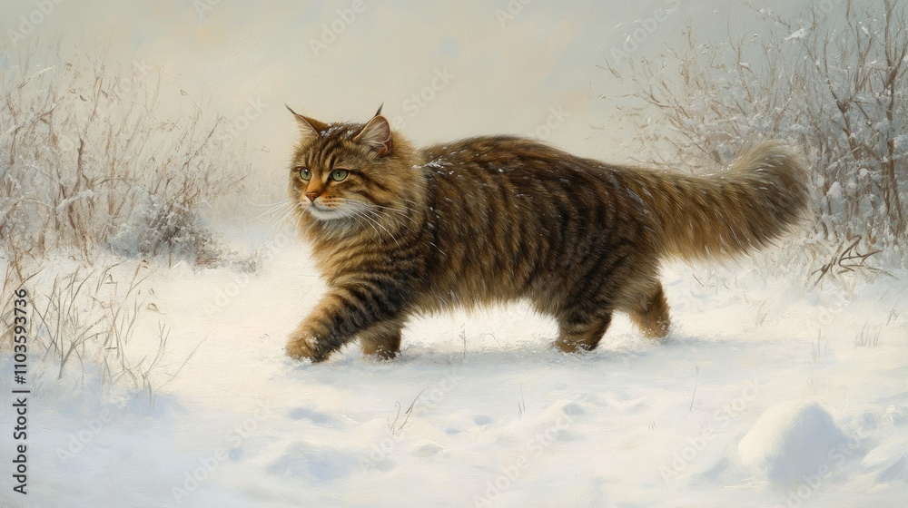 Siberian Cat Walking Through Snowy Landscape Siberian Cat Walking Through Snowy Landscape