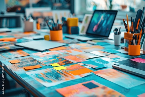 Wallpaper Mural Vibrant Creative Workspace with Colorful Art Materials and Digital Devices on a Table Torontodigital.ca