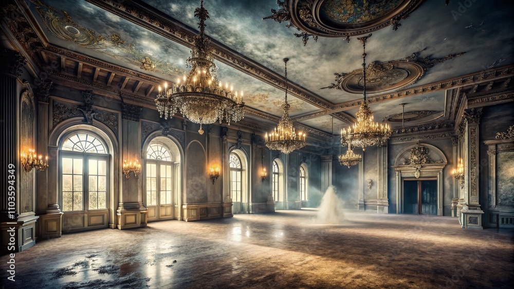 Obraz premium Faint Footprints in the Dusty Floor of a Forgotten Ballroom with Swaying Chandeliers - A Hauntingly Beautiful Conceptual Photography Scene